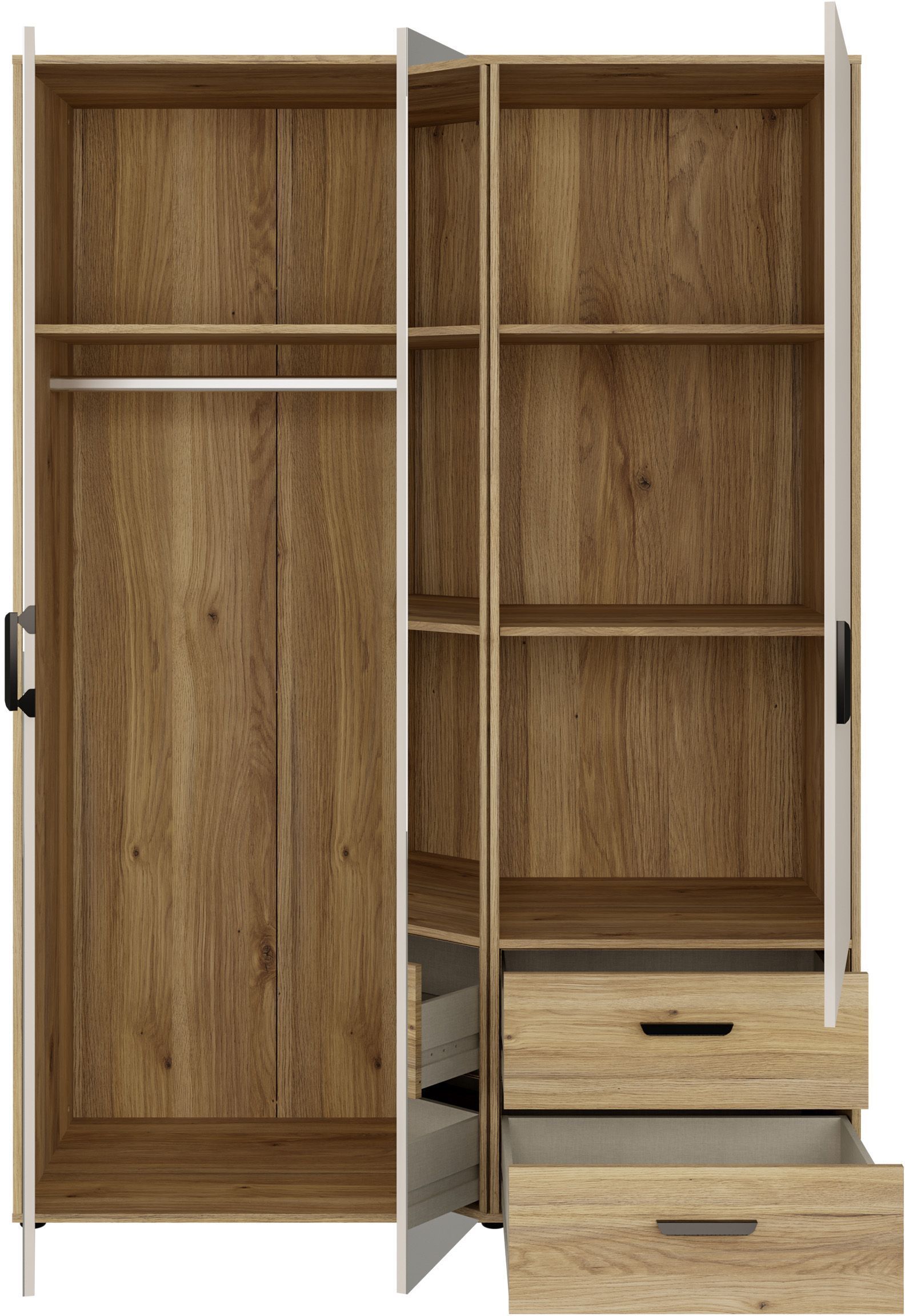Armoire de chambre - MOKKARO - Décor Chêne et sable - 3 portes battantes - 2 tiroirs - 2 miroirs - L144,4 x P52,7 x H200cm
