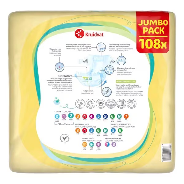 Kruidvat 2 novorodenecké mini plienky Jumbo balenie<br>veľkosť 2 (3-6 kg), 108 kusov