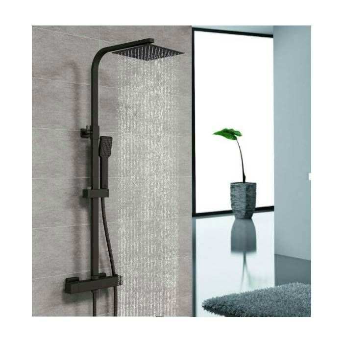 AICA thermostatic shower column, 38°C thermostatic shower set, flexible hand shower, height adjustable, black