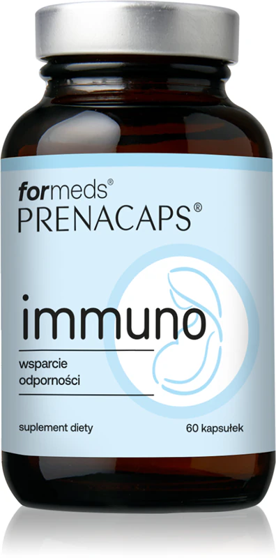 Výživový doplnok Prenacaps Immuno vo forme kapsúl pre normálnu funkciu imunitného systému a ochranu buniek pred oxidačným stresom.