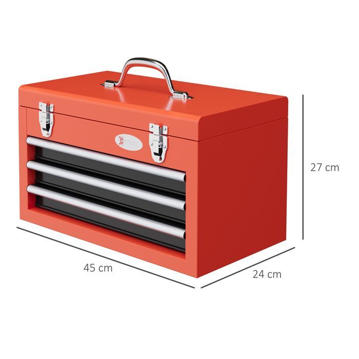 Caja de herramientas - DURHAND - acero, 3 cajones deslizantes, 1 bandeja, asa con cerradura, alfombrilla - acero - 45x24x27cm - rojo