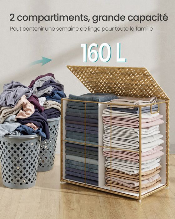 Cesta de almacenamiento, cesto de ropa sucia de 160 L con tapa, plegable, bolsas de tela y asas extraíbles, color madera.