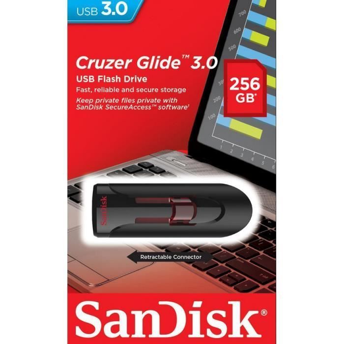 Clé USB - SanDisk - Cruzer Glide CZ600 - 256Go - USB 3.0 - Type A - Noir/Rouge