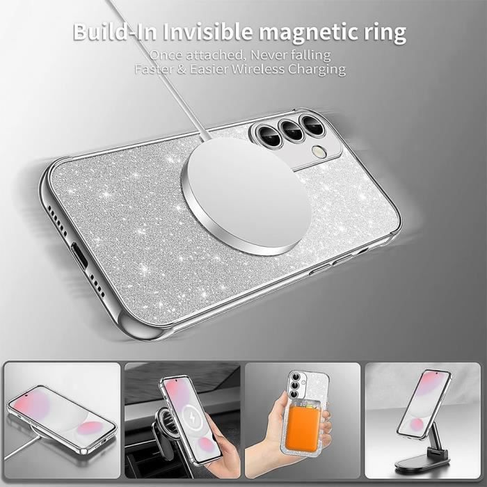 Case + 2 Tempered Glass Screen Protectors for Samsung Galaxy S25, with Magnetic Camera Protection Circle - Sparkling Silver