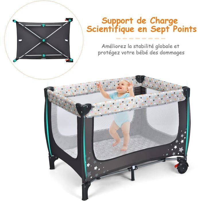 Lit Bébé 3 en 1 De la naissance à 3 Ans COSTWAY avec Matelas,Sac de Transport-Pliage Facile-2 Roulettes 15KG 125 x 65 x 76CM-Gris