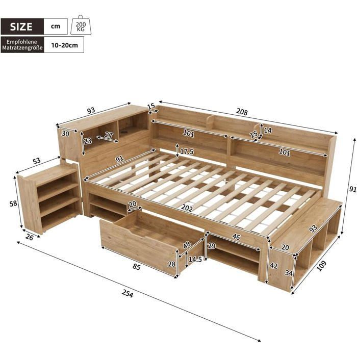 Letto per bambini 90 x 200 cm, letto contenitore con ricarica wireless e porta USB, comodini, mensole e armadietti contenitori.