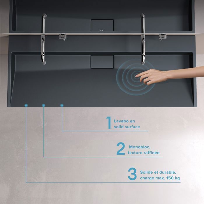 doporro Lavabo Suspendu avec Bonde Vasque à Poser Gris Noir Mat 120x46x11cm Lave Mains Rectangulaire sans Perçage Colossum19