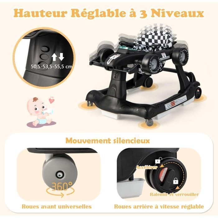 Girello convertibile 3 in 1 DREAMADE, pieghevole con altezza regolabile, musica e luci, a forma di auto, per bambini dai 6 ai 18 mesi, nero.