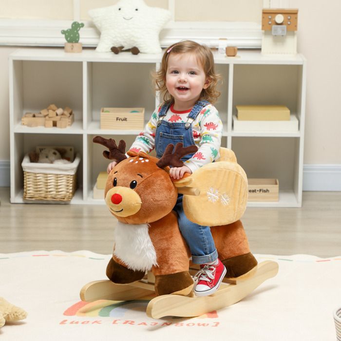 Cavallo a dondolo per bambini - AIYAPLAY - ninne nanne, cintura di sicurezza - poliestere - 65 x 35 x 59 cm - marrone
