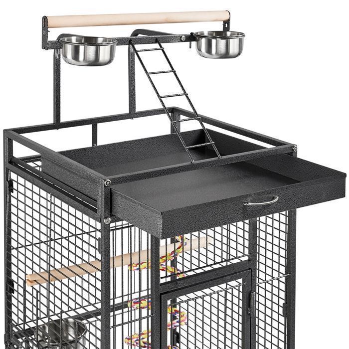 Jaula grande para pájaros con soporte - 65,5 x 65,5 x 155,7 cm - Metal con ruedas giratorias de 360°, para canarios/periquitos - Techo abatible - Color negro - YAHEETECH