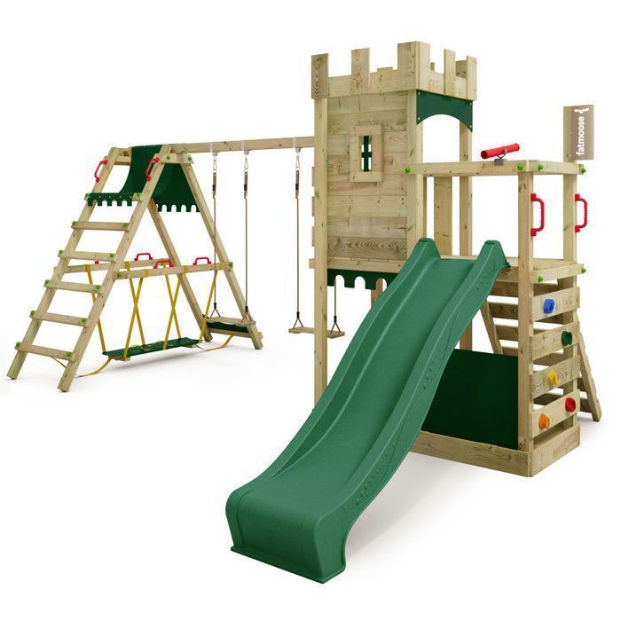 Tour de jeux bois FATMOOSE BoldBaron XXL avec SurfSwing, toboggan 220 cm vert et mur d’escalade – 10 ans de garantie*