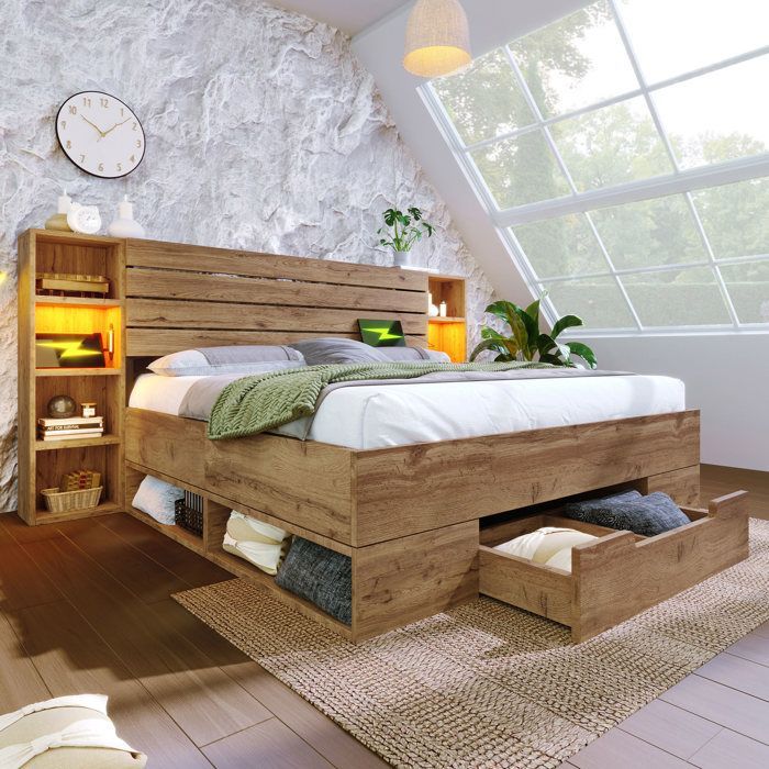 Letto matrimoniale 180x200cm in legno - con luce da lettura + prese di ricarica - con rete a doghe - Naturale