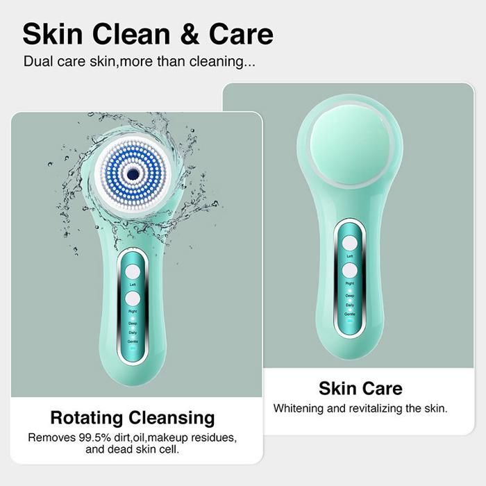 Brosse nettoyante visage exfoliante rechargeable et étanche, 5 têtes pour une exfoliation et un nettoyage en profondeur - Vert