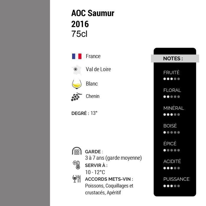 Saumur L'Echelier Blanc 2016 - Caja de 3 botellas de 75 cl - Domaine des Roches Neuves - Vino blanco AOC del Valle del Loira - Variedad de uva Chenin Blanc