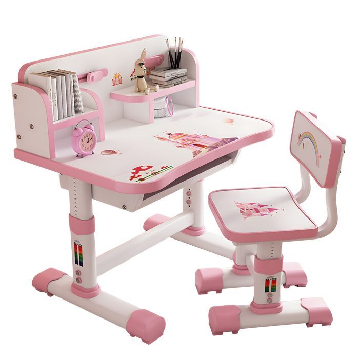 Escritorio infantil con silla, 101 cm de largo x 76 cm de ancho x 49 cm de alto, rosa, PP, edades de 3 a 18 años, altura regulable.
