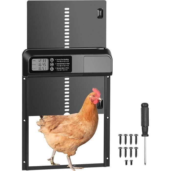 Porte Automatique Poulailler - Tout en Alliage d'aluminium - Anti-pincement - Écran LCD - Noir