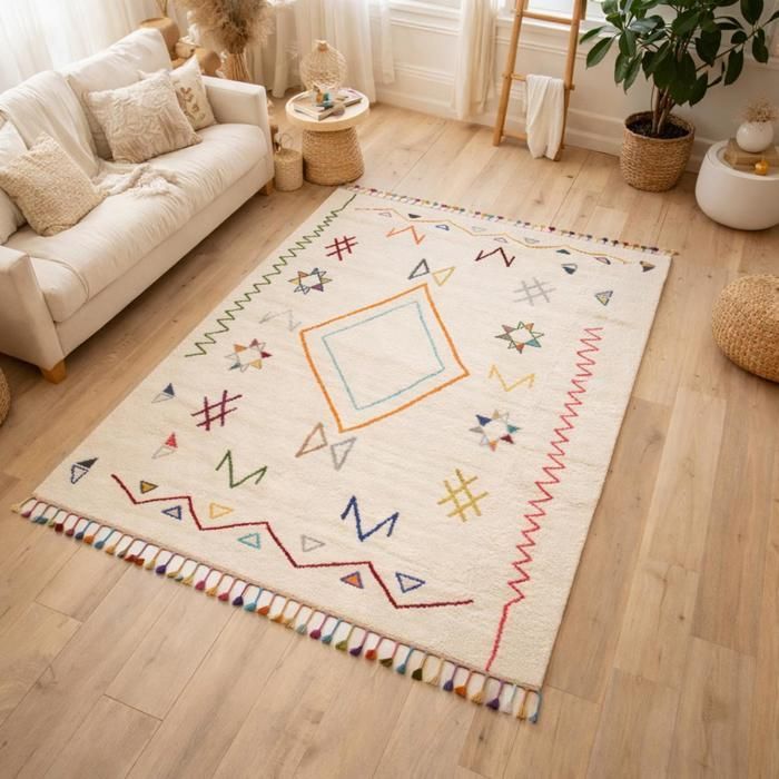 Tapete berbere 200x290 com padrão étnico tecido LYN5 JADIDA creme