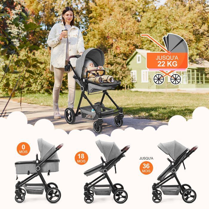 LUNSY - Cochecito 2 en 1 - Hasta 22 kg - Incluye cochecito y capazo - Ruedas grandes - Amplia visión horizontal - Plegado con un solo clic - Gris