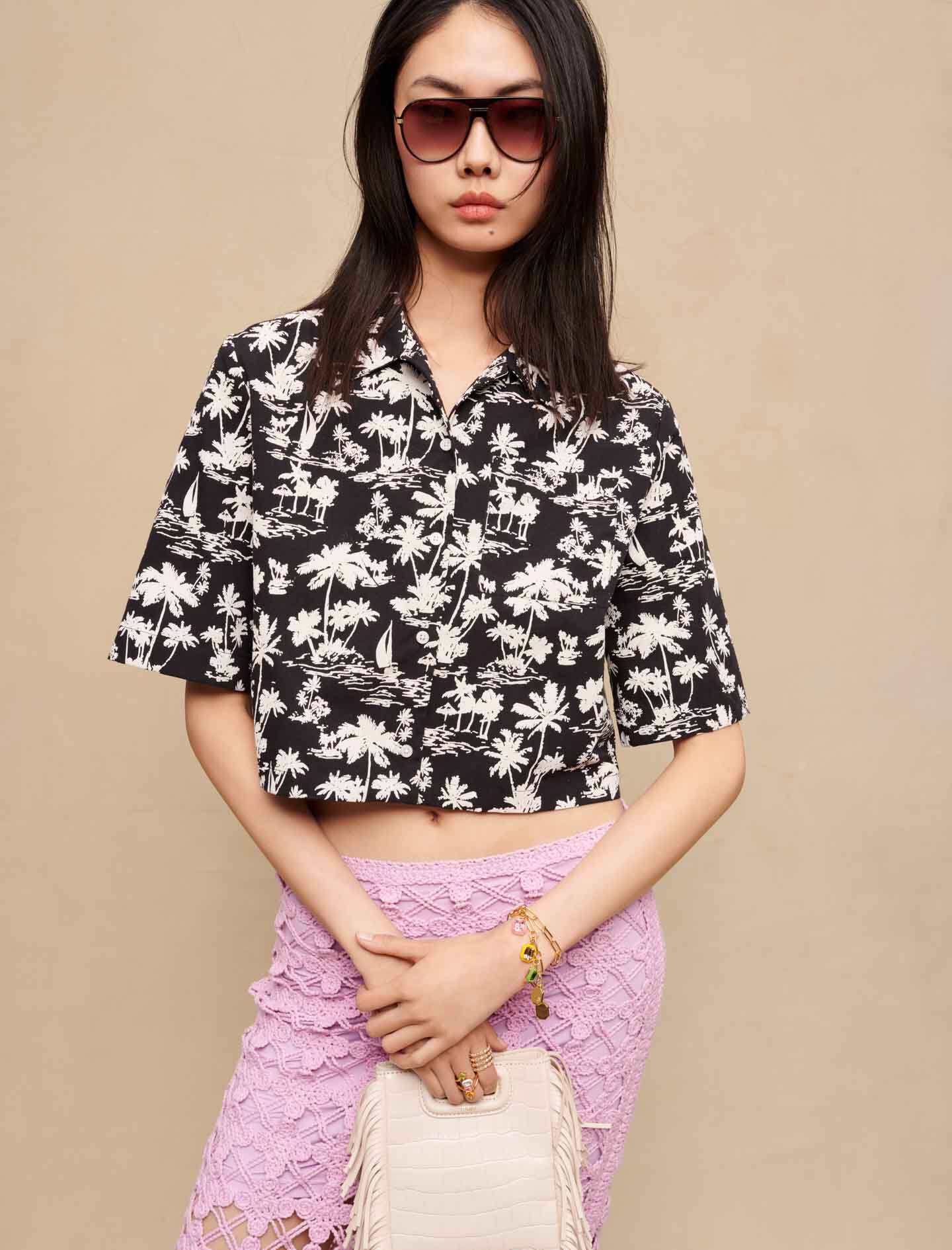 Kort shirt met palmprint - Palmier noir