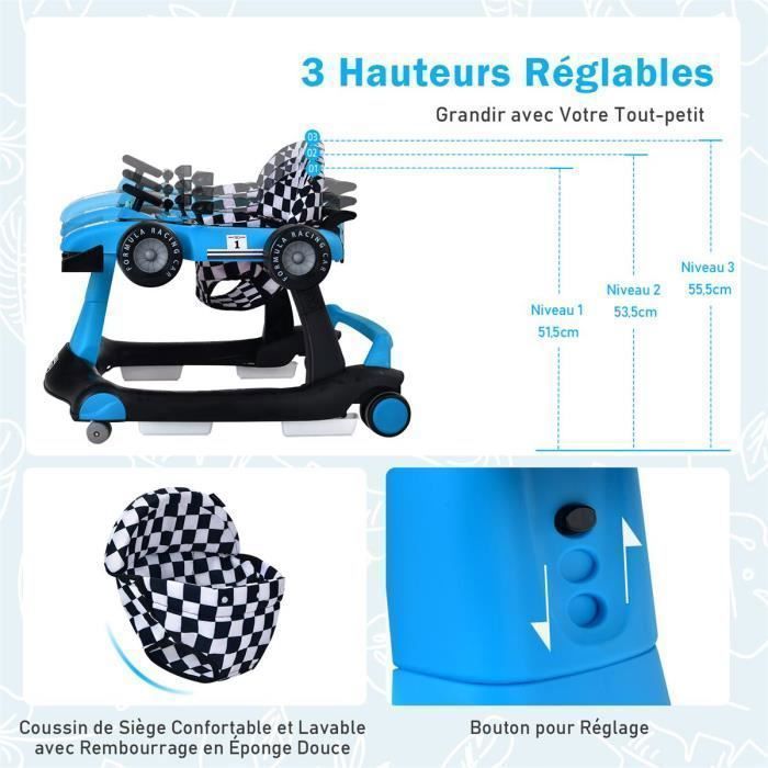 Andador plegable 4 en 1 para bebés COSTWAY - Altura y velocidad ajustables - Caja de música con luz - 6-18 meses - Ruedas silenciosas - Azul