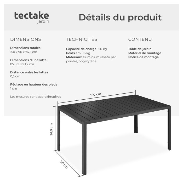 Tavolo da esterno - TECTAKE - BIANCA tavolo da giardino con gambe regolabili in altezza, alluminio, tappi in plastica - 150 x 90 cm - Nero