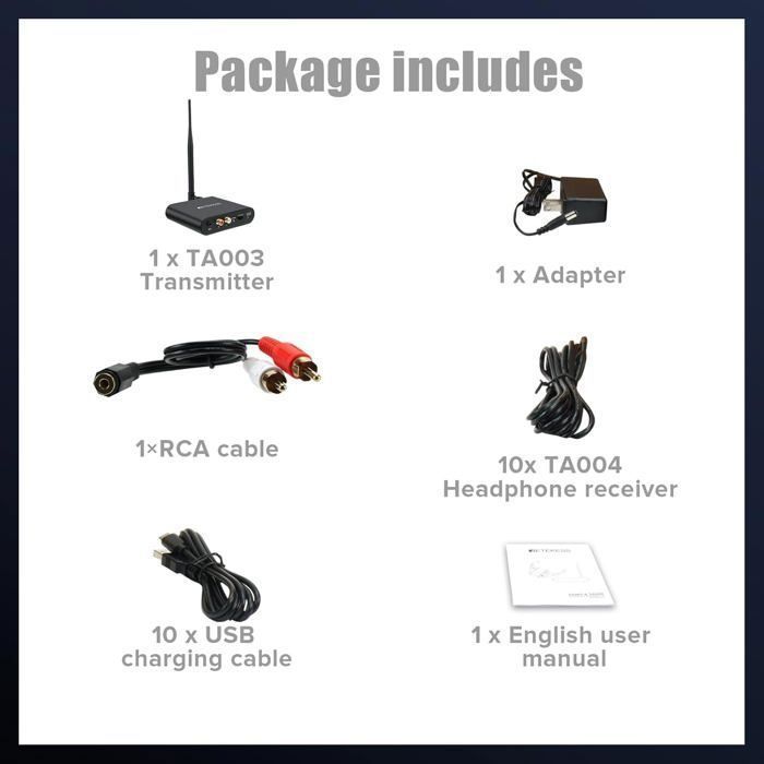 Retekess TA004 Wireless Headphones for TV, Silent Disco Headphones Set, 3 Channels, 200M Range, 10 Headphones, Silent Disco Starter Kit