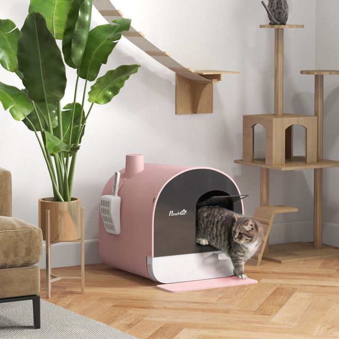 PawHut Katzentoilette mit Schwingtür, inklusive Schaufel und Filter, Maße 43 x 44 x 47 cm (L x B x H) – rosa