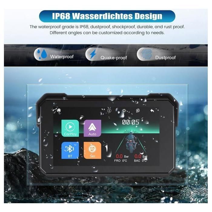 5-inch motorfietsnavigatiesysteem met dubbele Bluetooth, GPS, CarPlay en waterdicht touchscreen.