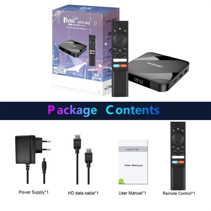 Boîte TV Android TV98 ATV, OUTUOTWQ Android 14 TV BOX Amlogic S905W2 2Go RAM 16 Go ROM 8K Vidéo WiFi 2.4G/5G Compatible Netflix