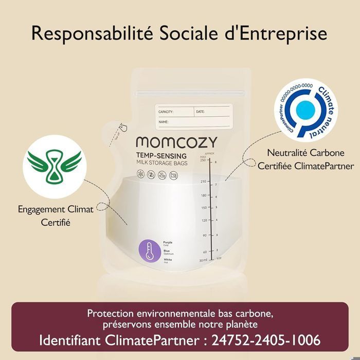 Momcozy Sachets congélation lait maternel 250 ml, indicateur température,60 unités autostables,pré-stérilisés, recyclables sans BPA
