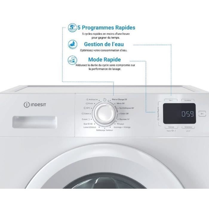 Lave-linge hublot INDESIT IM962MYTIMEFR MyTime - 9 kg - Induction - L60cm - 1200 trs/min - Classe A - Blanc