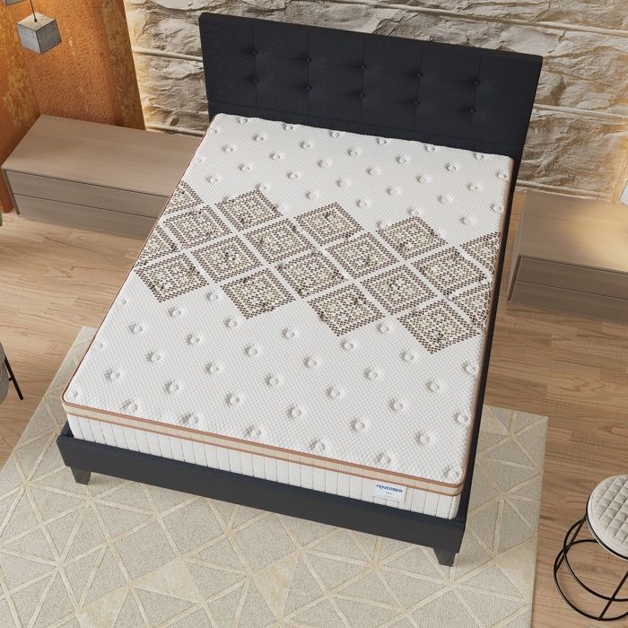 Colchón y cama (140x200cm) - Muelles ensacados Errakis de 28cm y espuma de alta densidad + Base de láminas estable y cabecero tapizado en negro