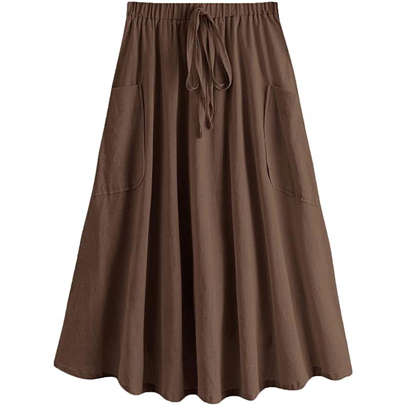 Jupe midi plissée trapèze taille haute décontractée pour femme avec poche