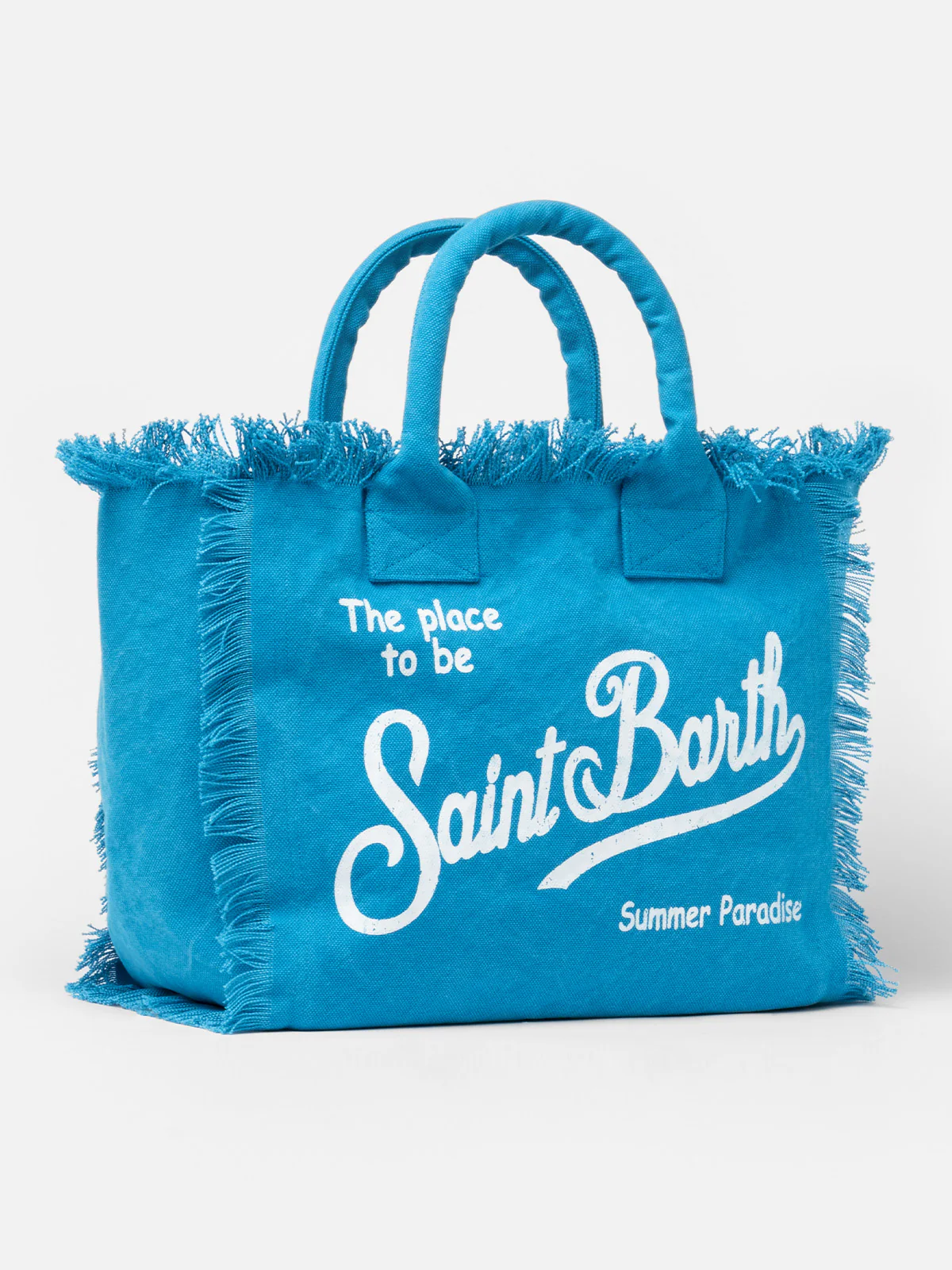 Vanity Baumwoll-Tragetasche mit Fransen – Hellblau mit Saint Barth Logo-Print und Reißverschlusstasche | MC2 Saint Barth
