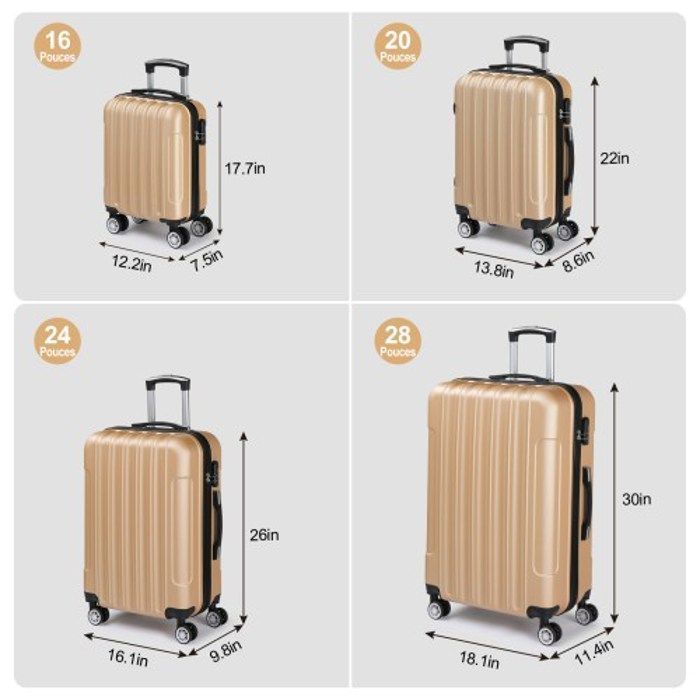 ALIGHTUP - Juego de 4 maletas portátiles 4 en 1 de ABS con ruedas - 45 cm/56 cm/66 cm/76 cm - Oro champán