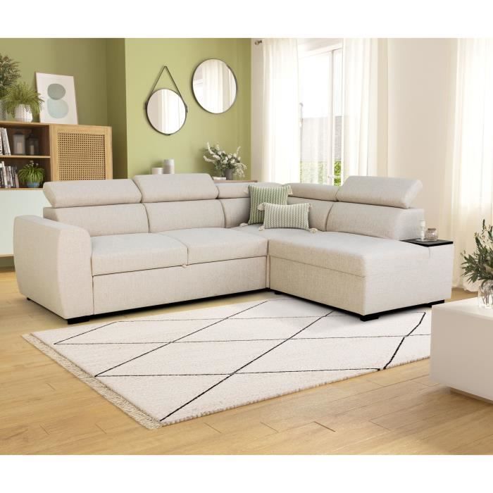 Wendbares Ecksofa – 4-/5-Sitzer – KELIO – Beigefarbener Stoff – 3 Kopfstützen – 245 x 184 x 77/87 cm