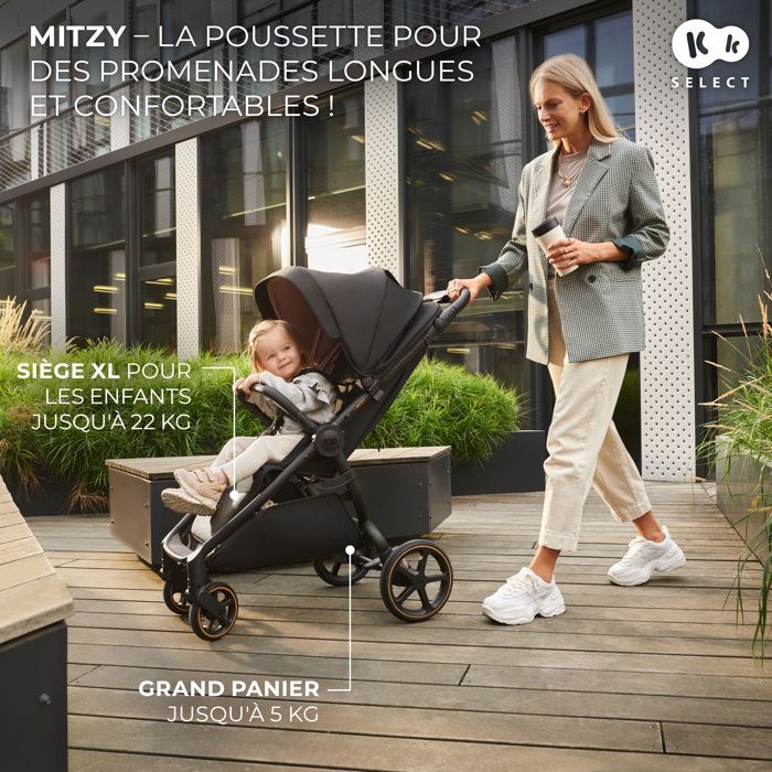 Passeggino Kindercraft MITZY (fino a 27 kg), chiusura con una mano, taglia grande, senza aria, ruote ammortizzate, beige.