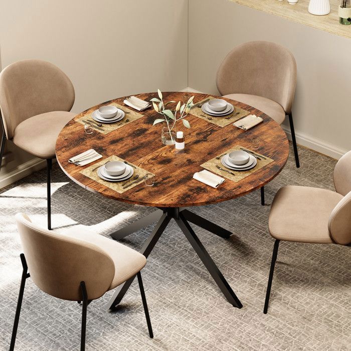 Table à Manger Ronde 120x120x78cm Ø120cm Industriel Vintage Pieds en X Marron-Noir Stable 4-6 Personnes Cuisine Salon