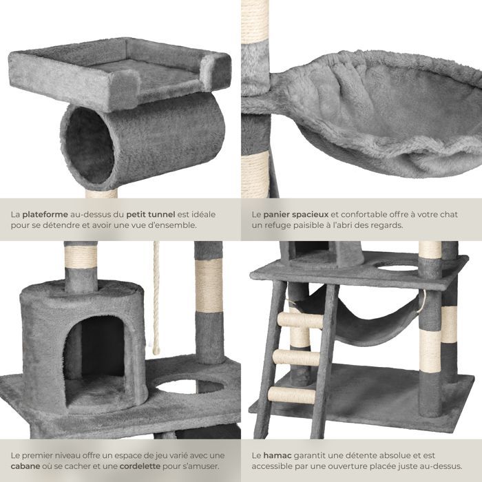 Árbol rascador para gatos - TECTAKE - STOKELEY, 141 cm de altura, con zonas para dormir y cuerda - Gris