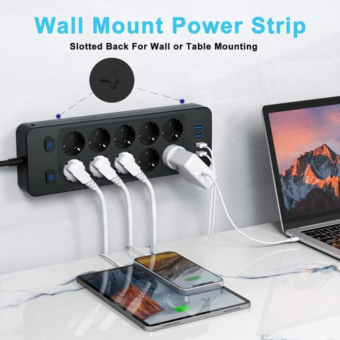 Regleta de 4000 W con 10 tomas de corriente, 4 puertos USB, protector contra sobretensiones e interruptor, cable de 2 m.