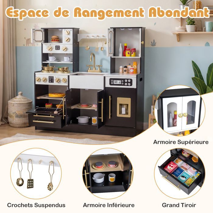 Cocina infantil de madera COSTWAY para mayores de 3 años, 12 accesorios, luces y sonidos, con heladera, microondas y cafetera (negra).