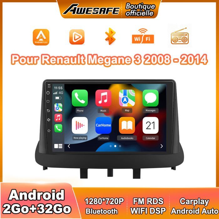 Radio para coche AWESAFE Android 13 de 2 GB + 32 GB para Renault Megane 3 de 9 pulgadas, Carplay, Android Auto, GPS, Bluetooth, FM, RDS, USB y WiFi.