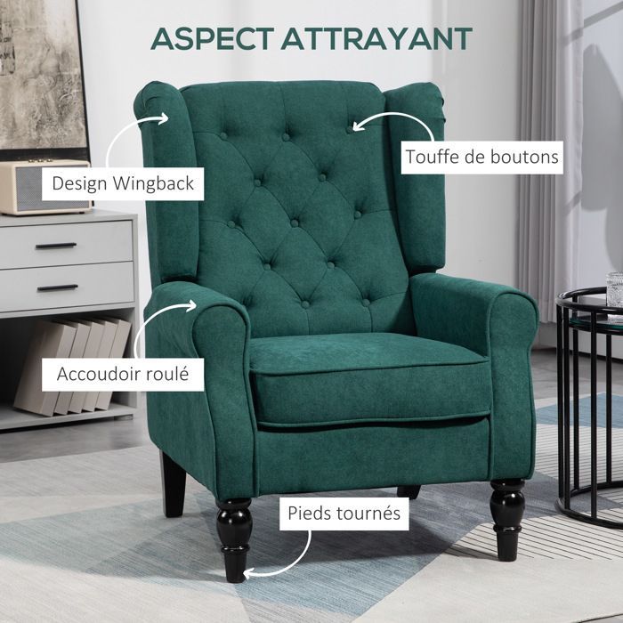 Sillón tapizado - HOMCOM - con asiento ancho, patas de madera, estilo clásico - muy cómodo - 74 x 86 x 102 cm - verde