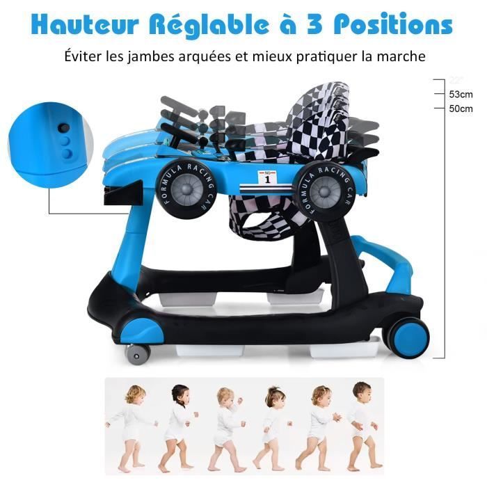 DREAMADE 3-in-1 converteerbare loopstoel voor baby's, opvouwbaar met verstelbare hoogte, muziek en lichtjes, autovorm, voor 6-18 maanden, blauw
