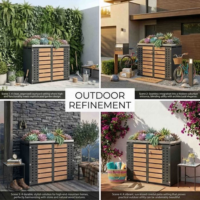 Cache-Poubelle Double 132×80×124.5cm - Bac à Fleurs Intégré - Tri Sélectif & Verrouillable - Acier Galvanisé Bois