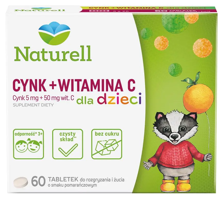 Naturell Cynk + Witamina C dla dzieci, Tabletki do rozgryzania i żucia, Smak pomarańczowy