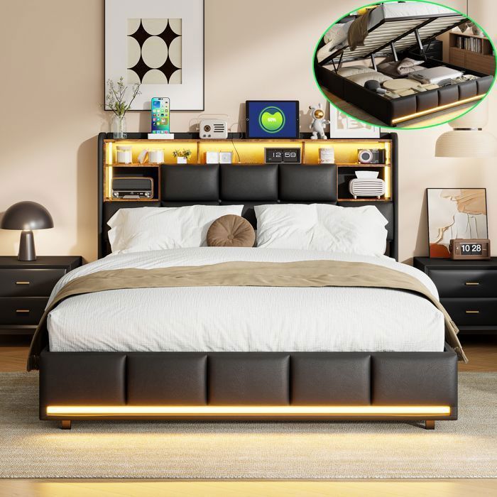 LED-bed met opbergruimte 140x200 cm met lattenbodem - 2 stopcontacten en 2 USB-poorten - PU-leer - Gestoffeerd bed - Hoofdbord met opbergruimte - Bed voor volwassenen/tieners - Zwart