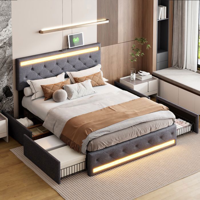 Estrutura de cama - RWUDV - 180x200 cm - 4 gavetas - USB - LED - Tecido de linho - Cinza