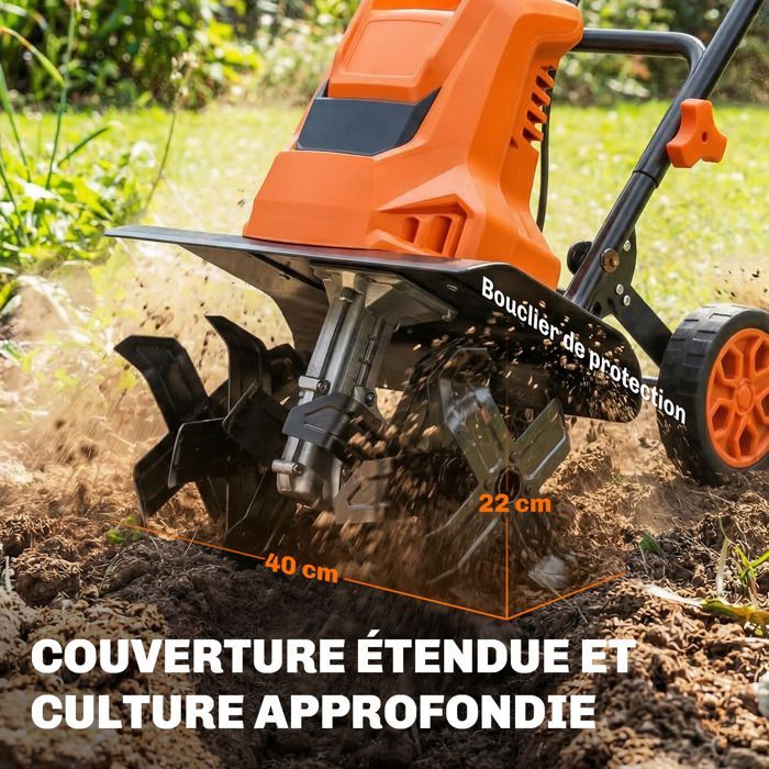 Motocultor eléctrico de 1500 W, 6 cuchillas, 65 mm de ancho, 40 cm de profundidad, 20 cm, plegable e impermeable IPX4, color naranja.