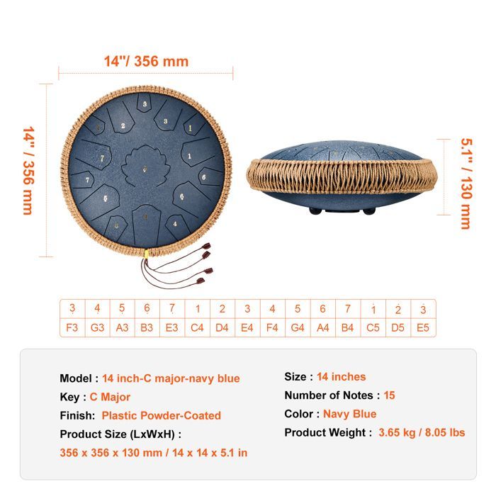 Tamburo a lingua DUOKU - 35,5 cm - 15 note - Do maggiore - Blu navy - Con bacchette e custodia